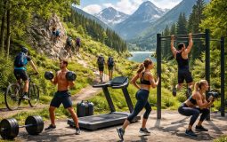 Univers sportif et loisirs actifs avec équipements fitness, randonnée et sports outdoor variés